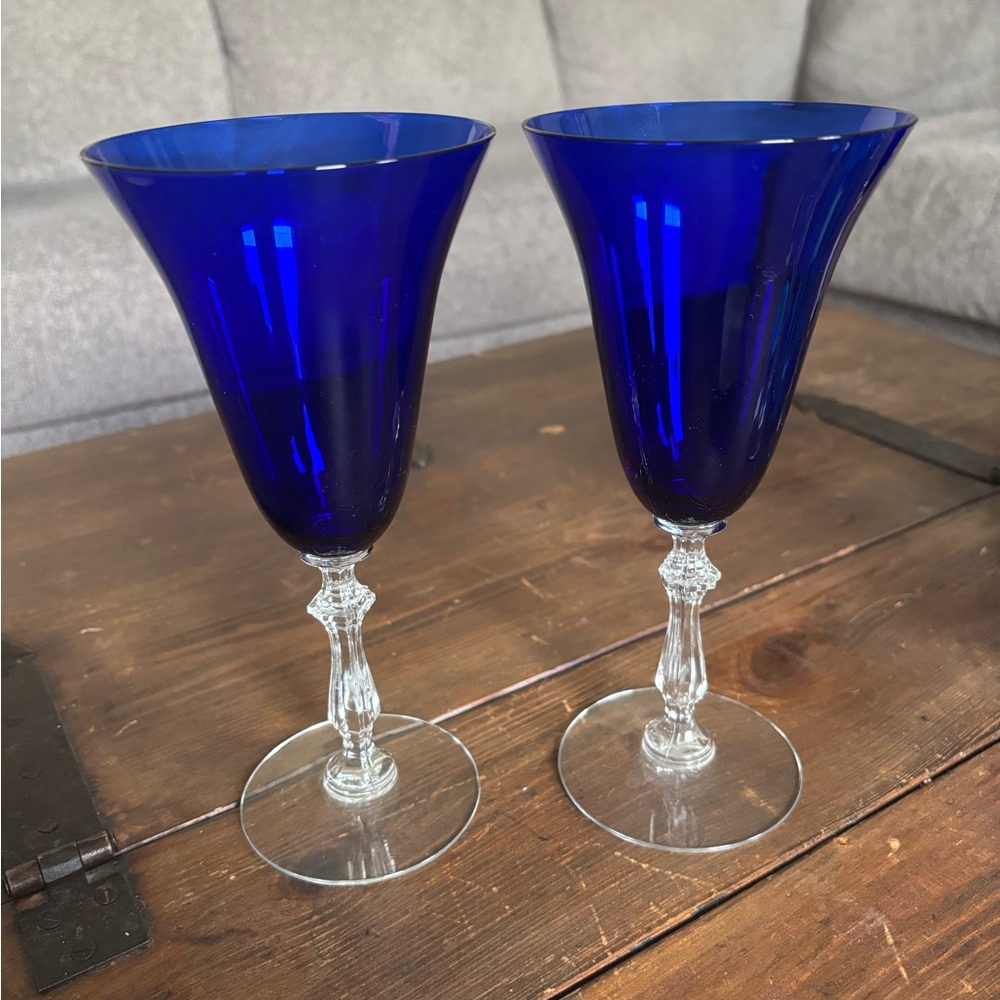 1920’s Vintage Huntington Ding Pattern Cobalt Blue Goblet with Square Stem 8” x2